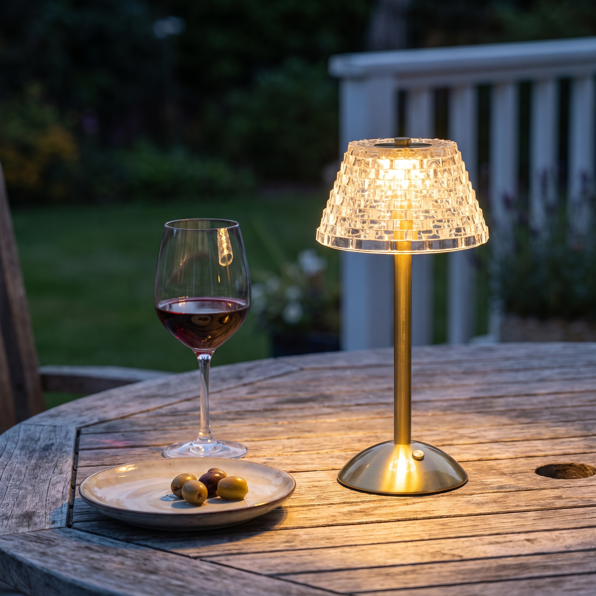 Oplaadbare tafellamp op een tuintafel op het terras | Sansoti