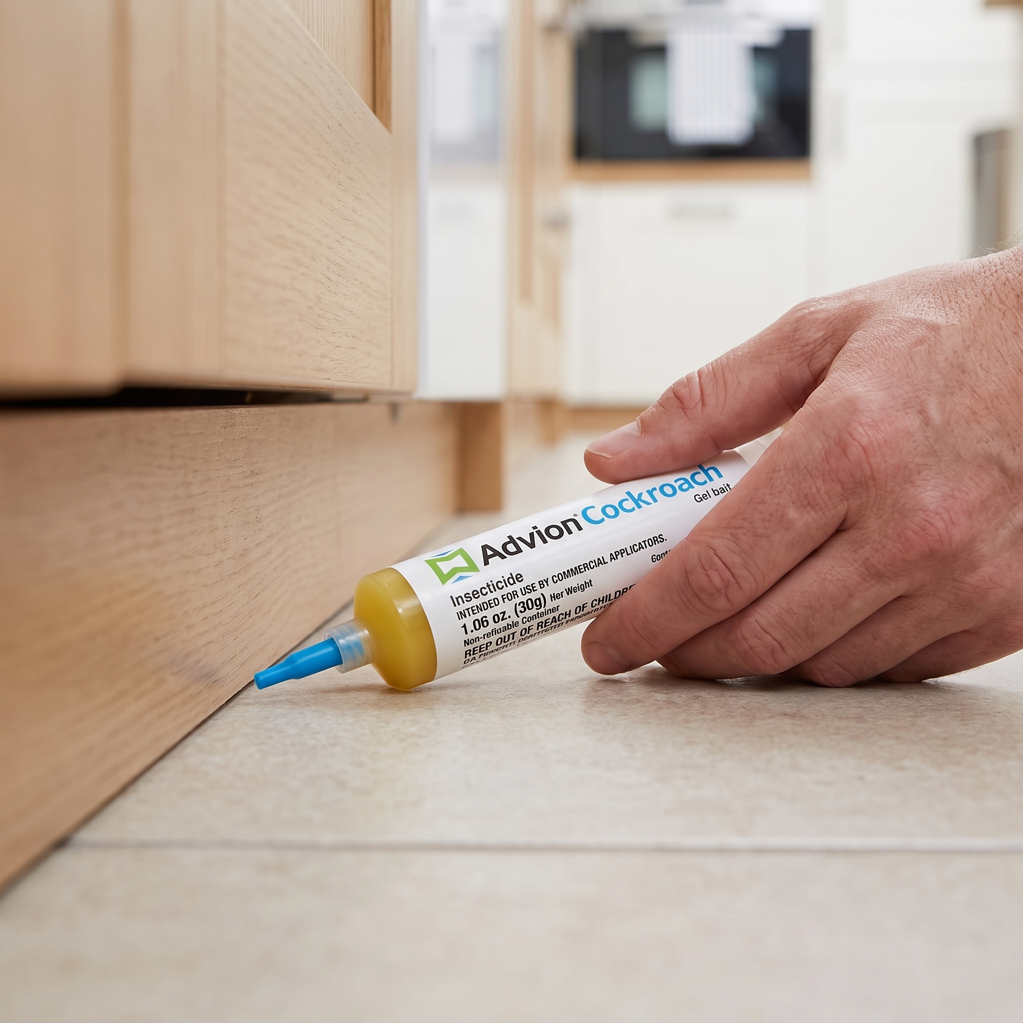 Kakkerlakkengel applicator bij de plint in een keuken | Sansoti