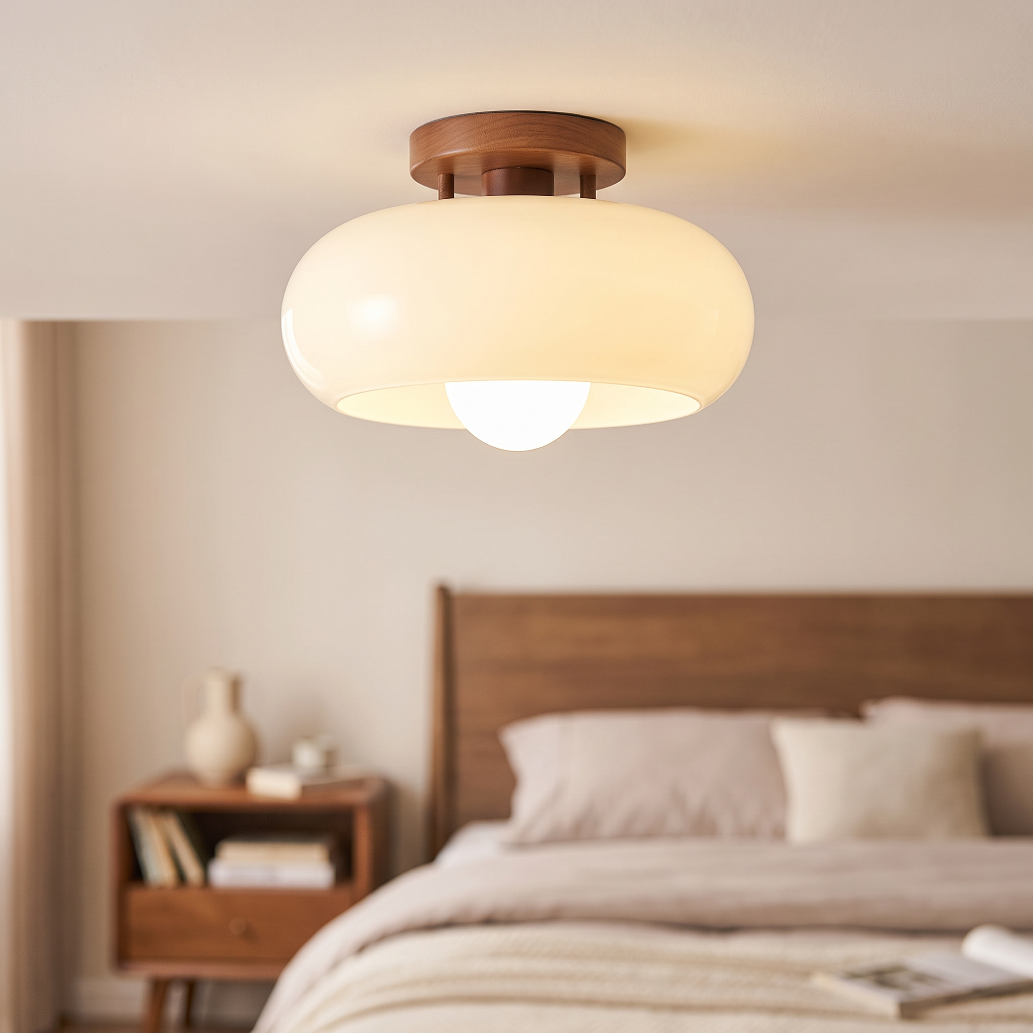Houten plafondlamp opaalglas in moderne slaapkamer