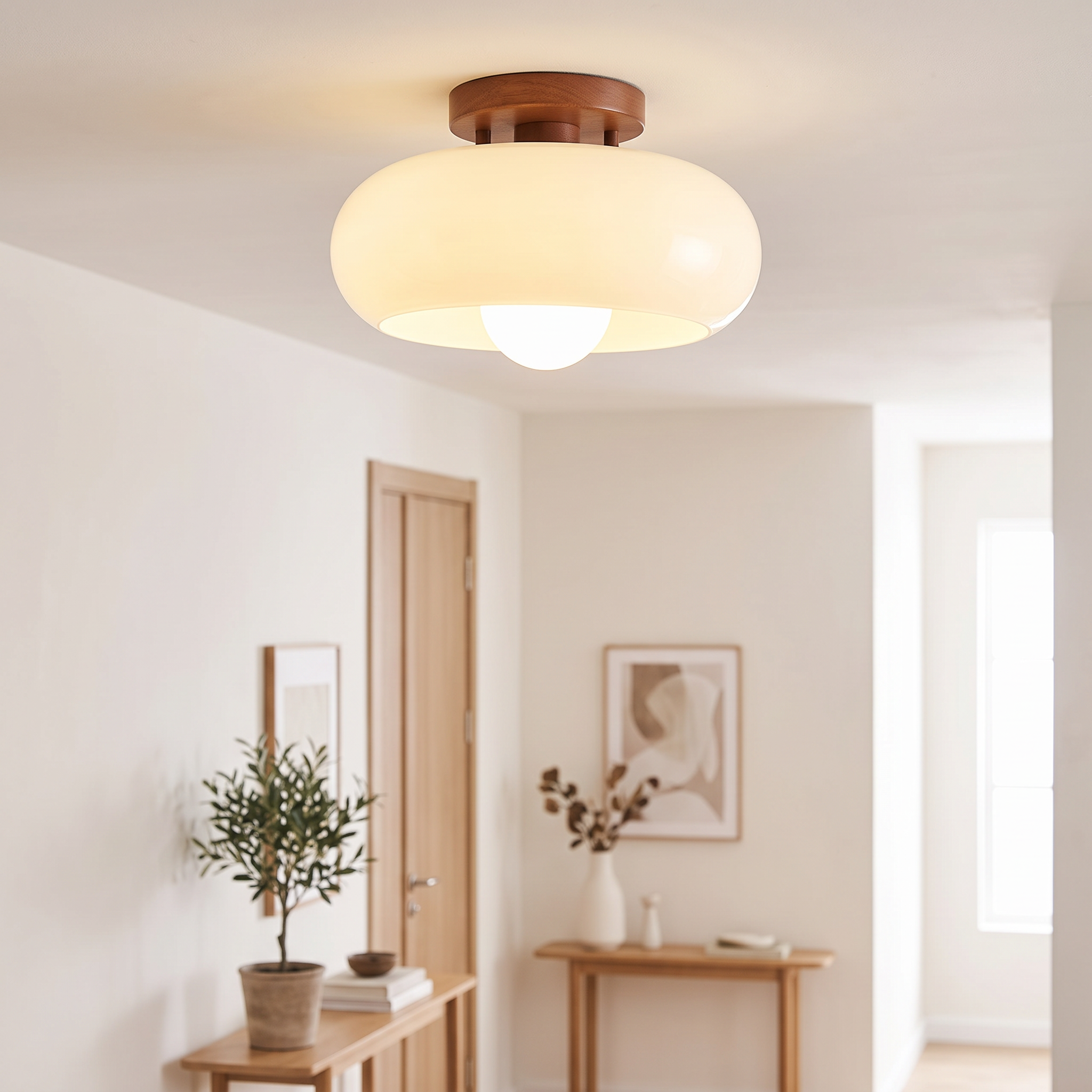 Plafonnière opaalglas gemonteerd in Scandinavische hal