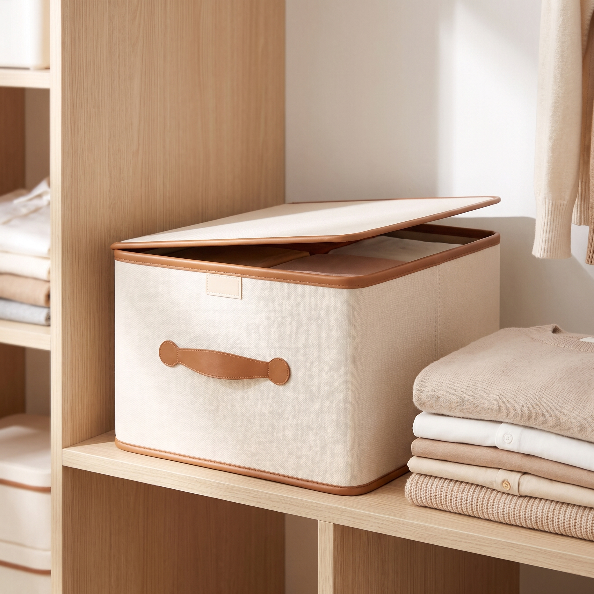 Opbergbox met gevouwen kleding op kastplank