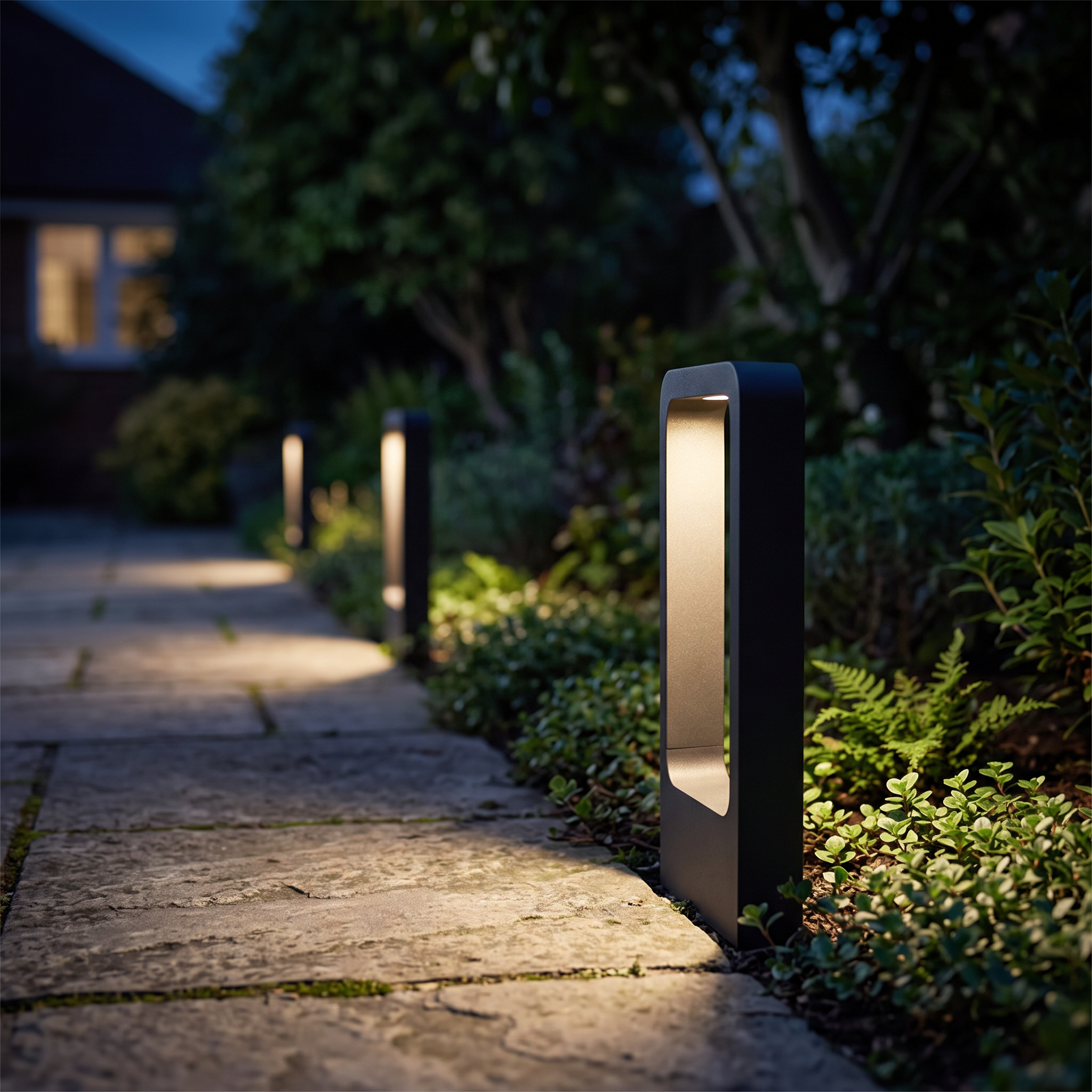 Tuinpad verlichting langs bestraat pad bij nacht