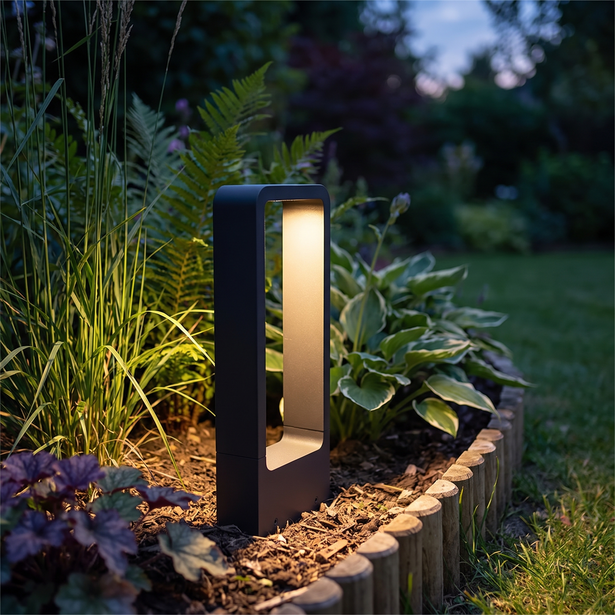 Borderverlichting tussen planten in tuin bij schemer