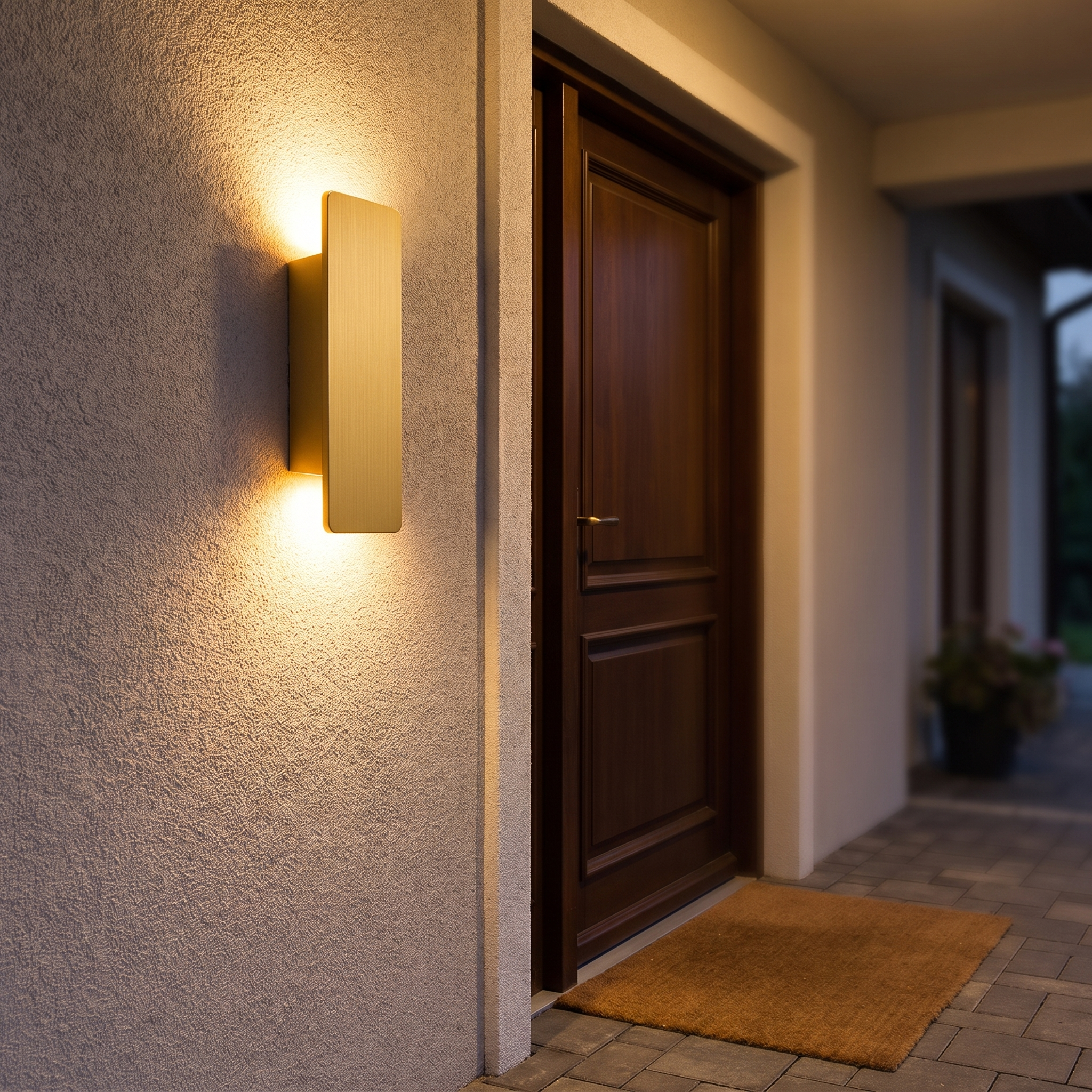 Gouden buitenlamp naast voordeur warm welkomstlicht