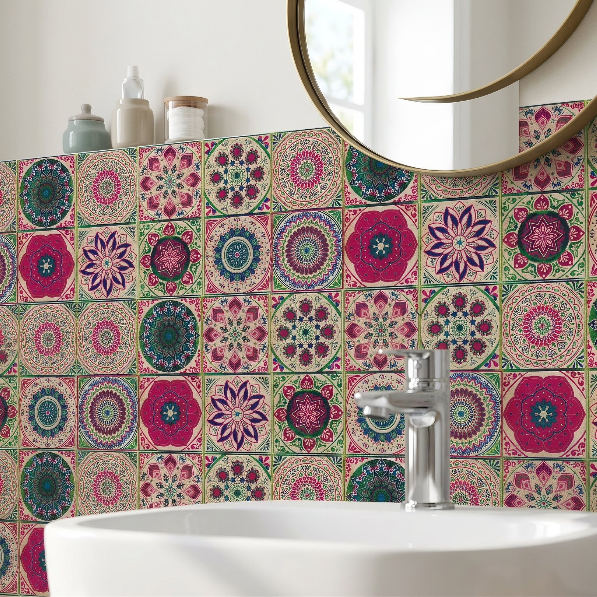 Portugese tegelstickers in badkamer rond wastafel
