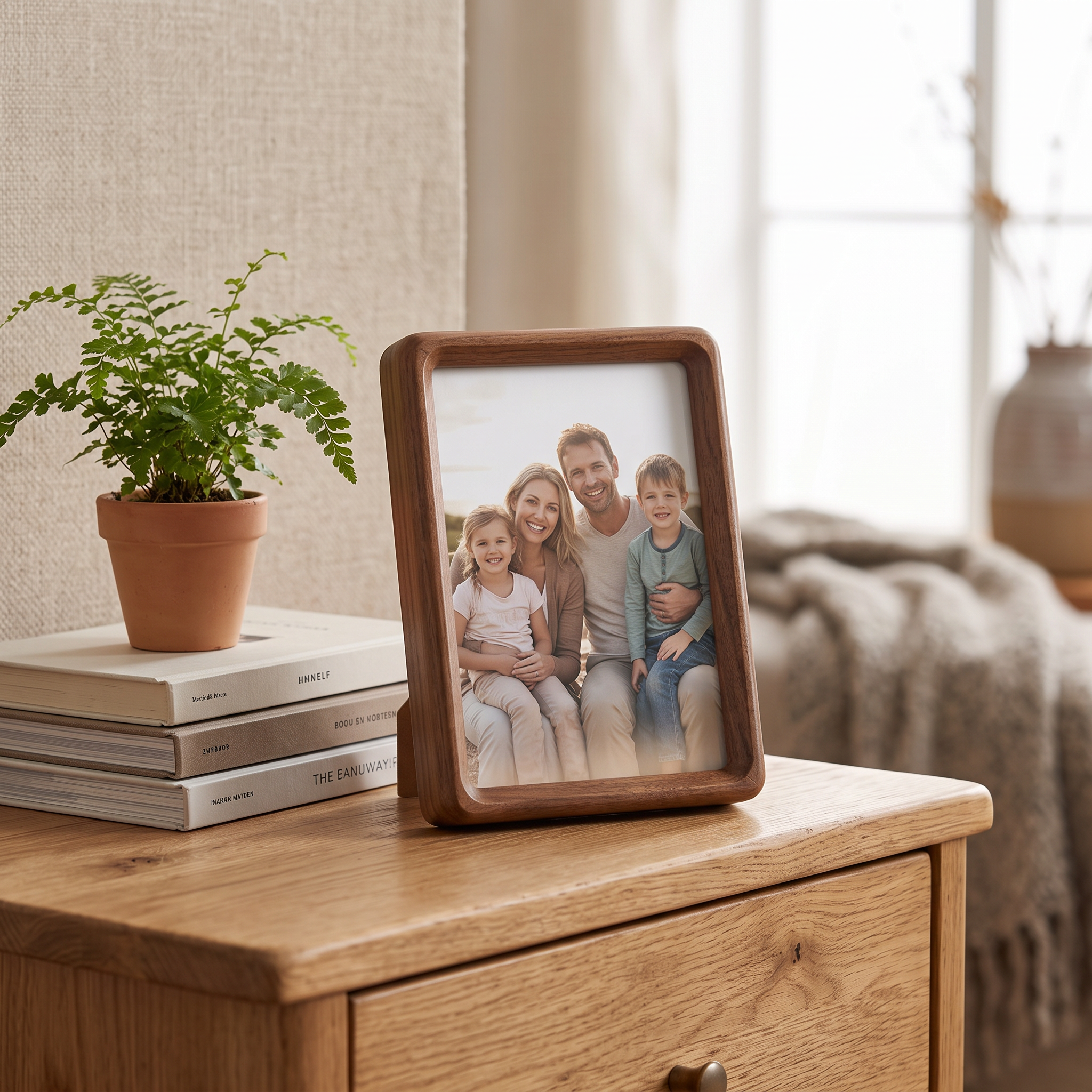 Walnoot fotolijst op dressoir in woonkamer