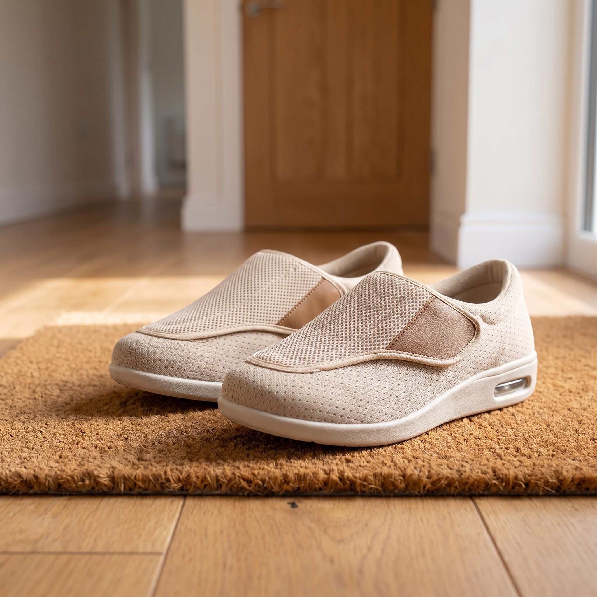 Paar schoenen in grote maat op een deurmat in de hal