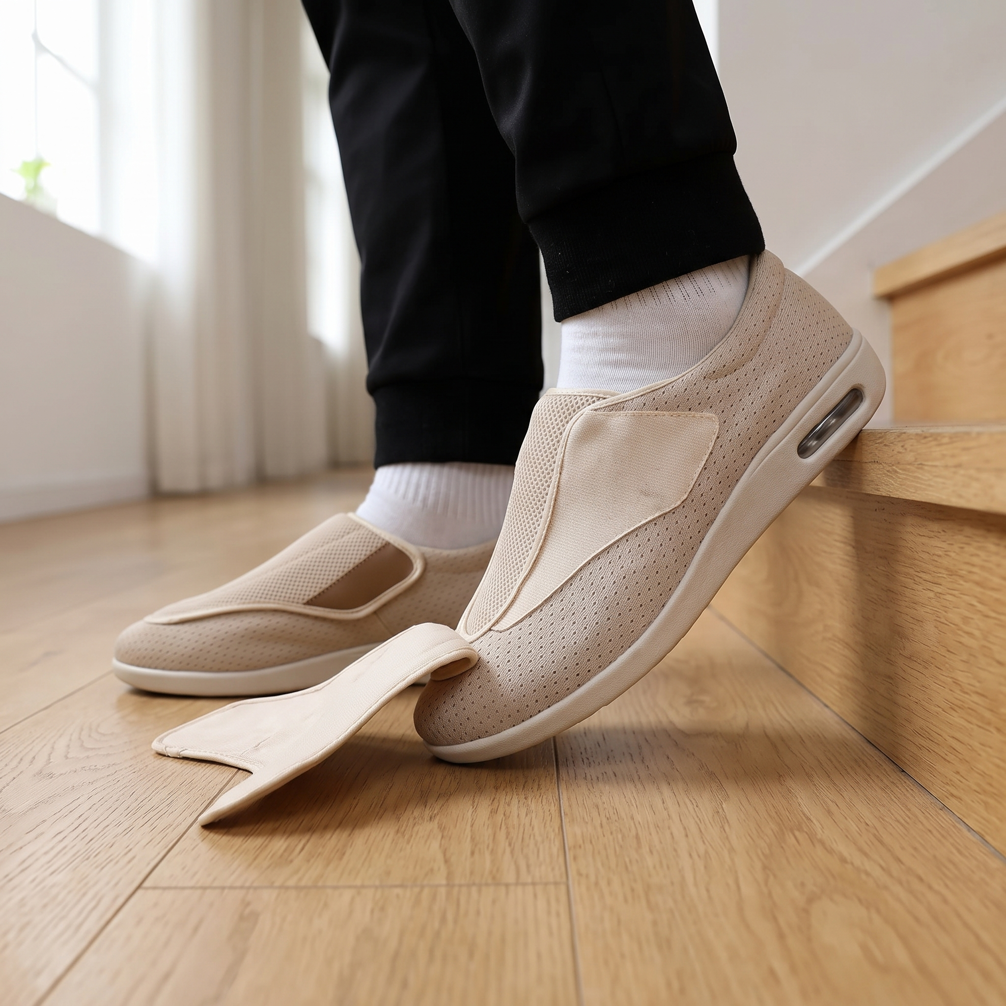 Schoenen voor brede voeten gedragen op een houten vloer