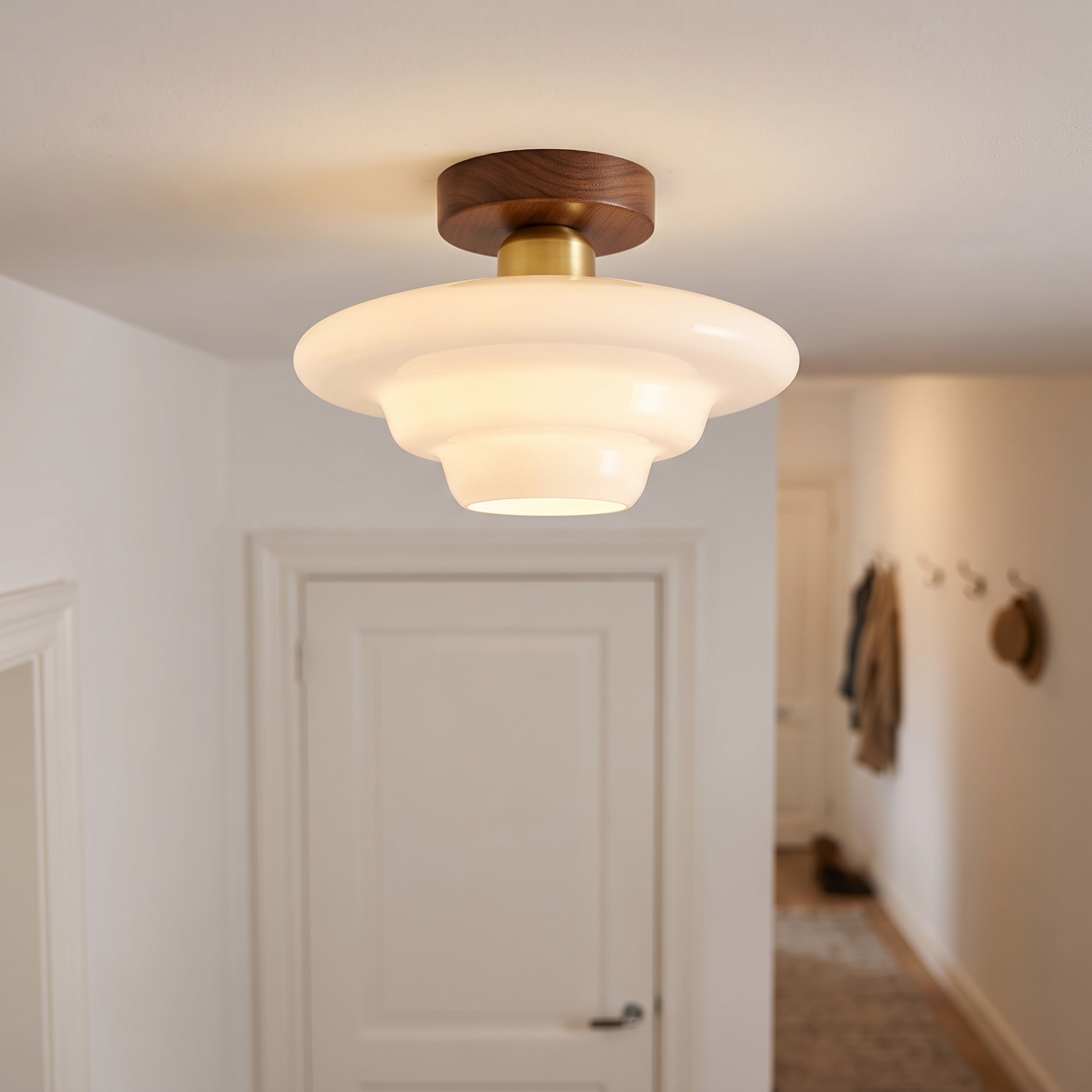 Plafondlamp gang walnoot en glas in een smalle hal