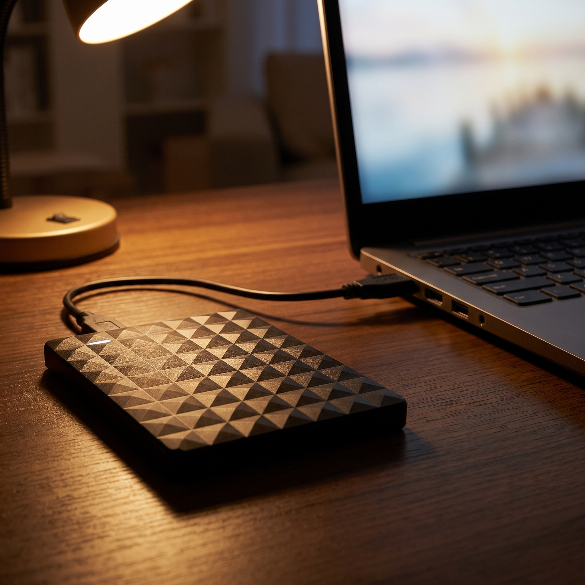 Externe harde schijf van 10TB aangesloten op een laptop op een bureau