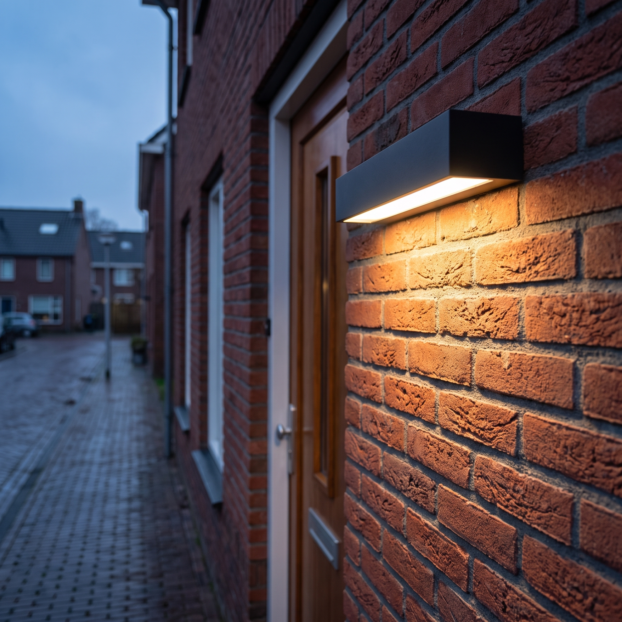 Zwarte LED buitenlamp naast de voordeur van een bakstenen gevel