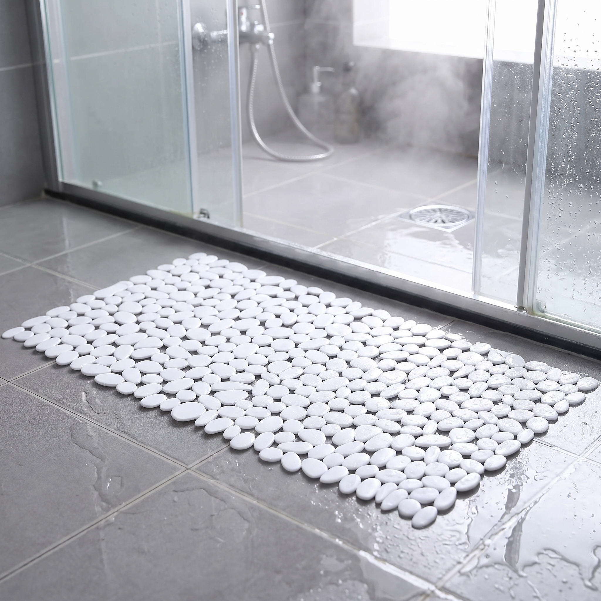 Antislip douchemat met kiezelstructuur in een glazen douchecabine