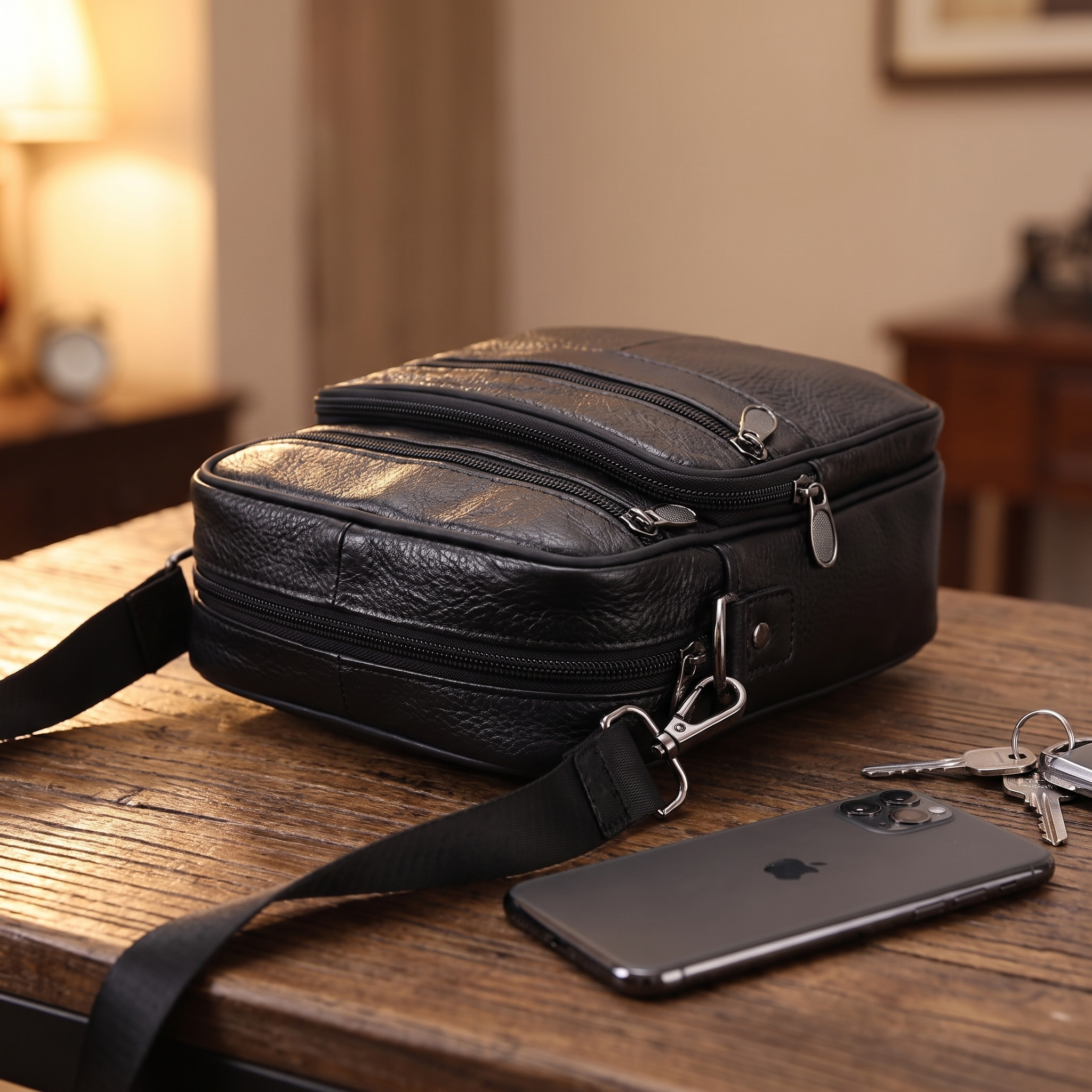 Leren crossbody tas van rundleer op een houten tafel