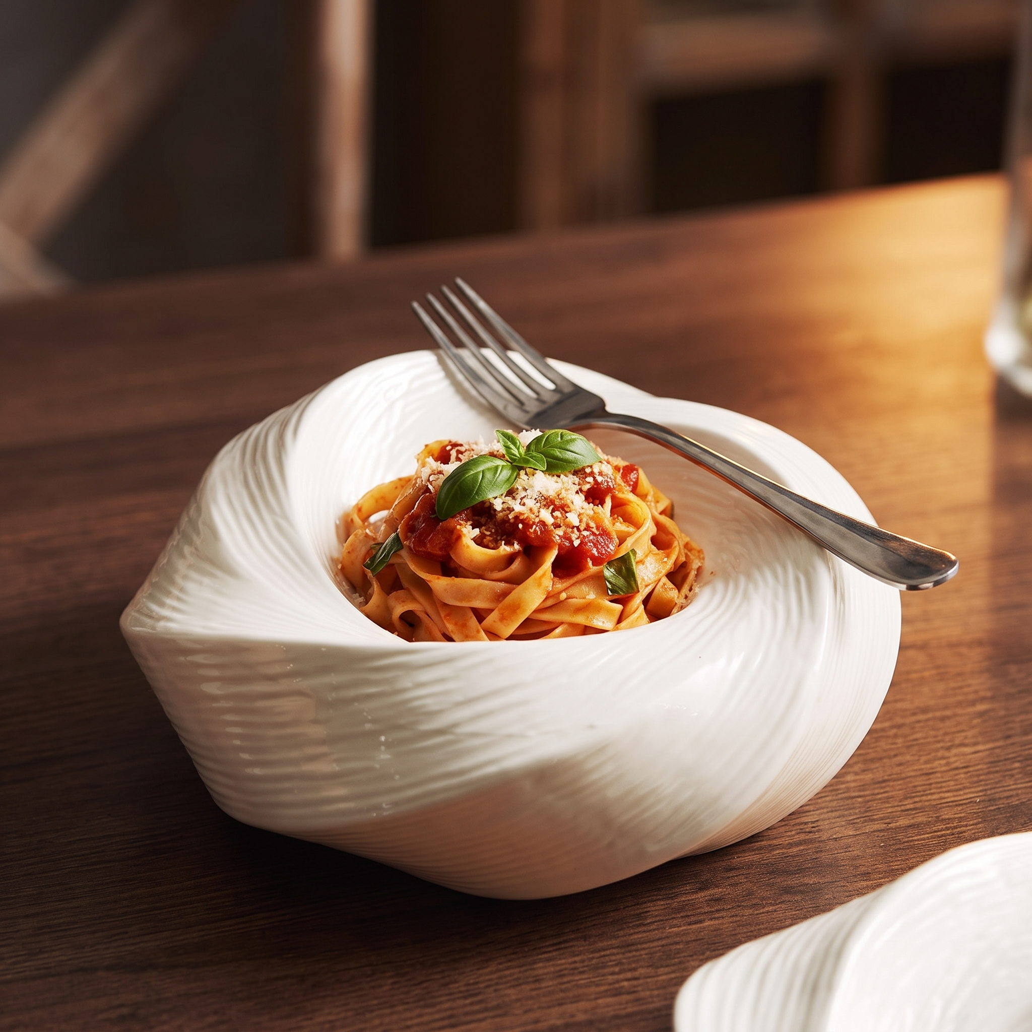 Keramische pastakom van 20 cm met een portie pasta op een eettafel