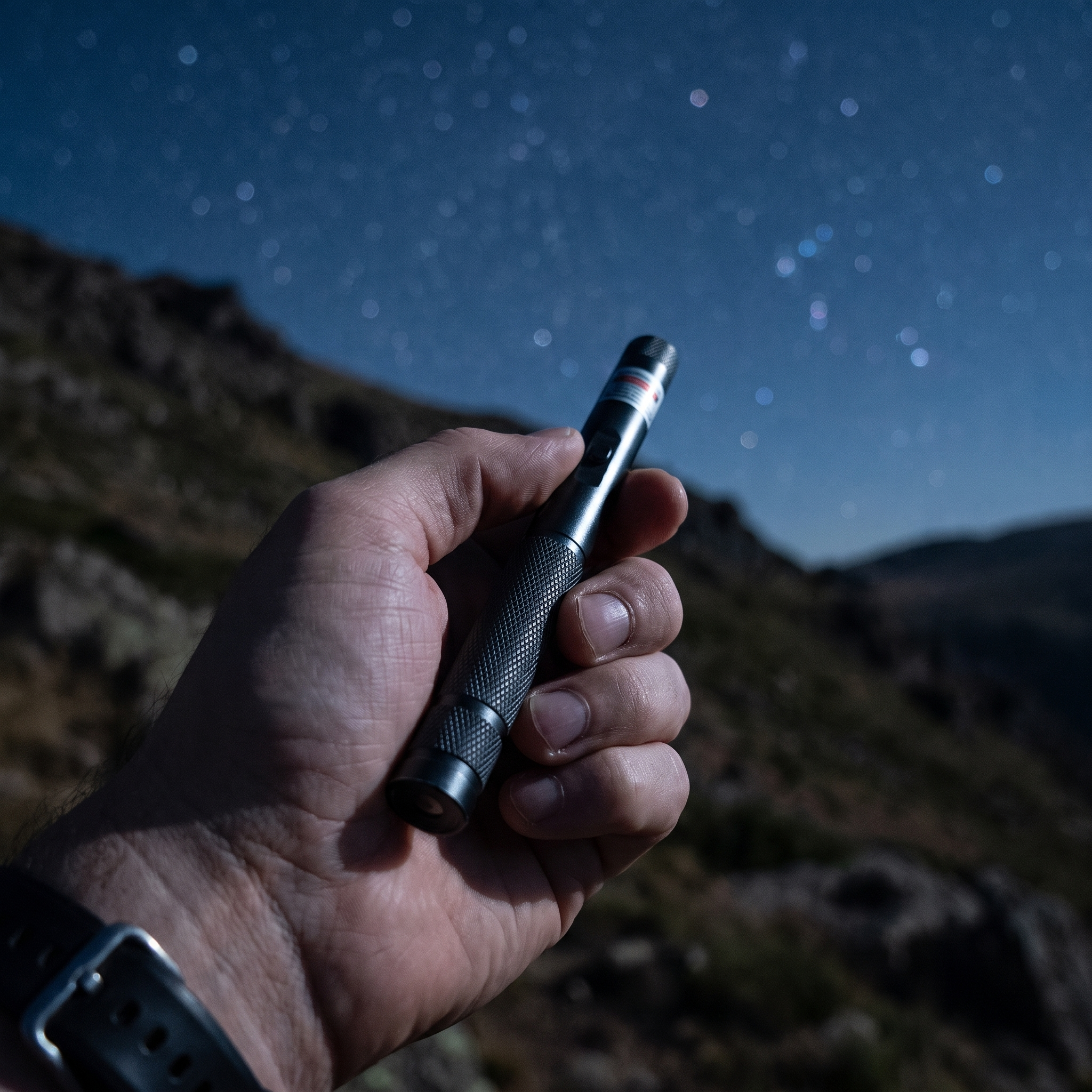 Laserpen van metaal in de hand onder een sterrenhemel