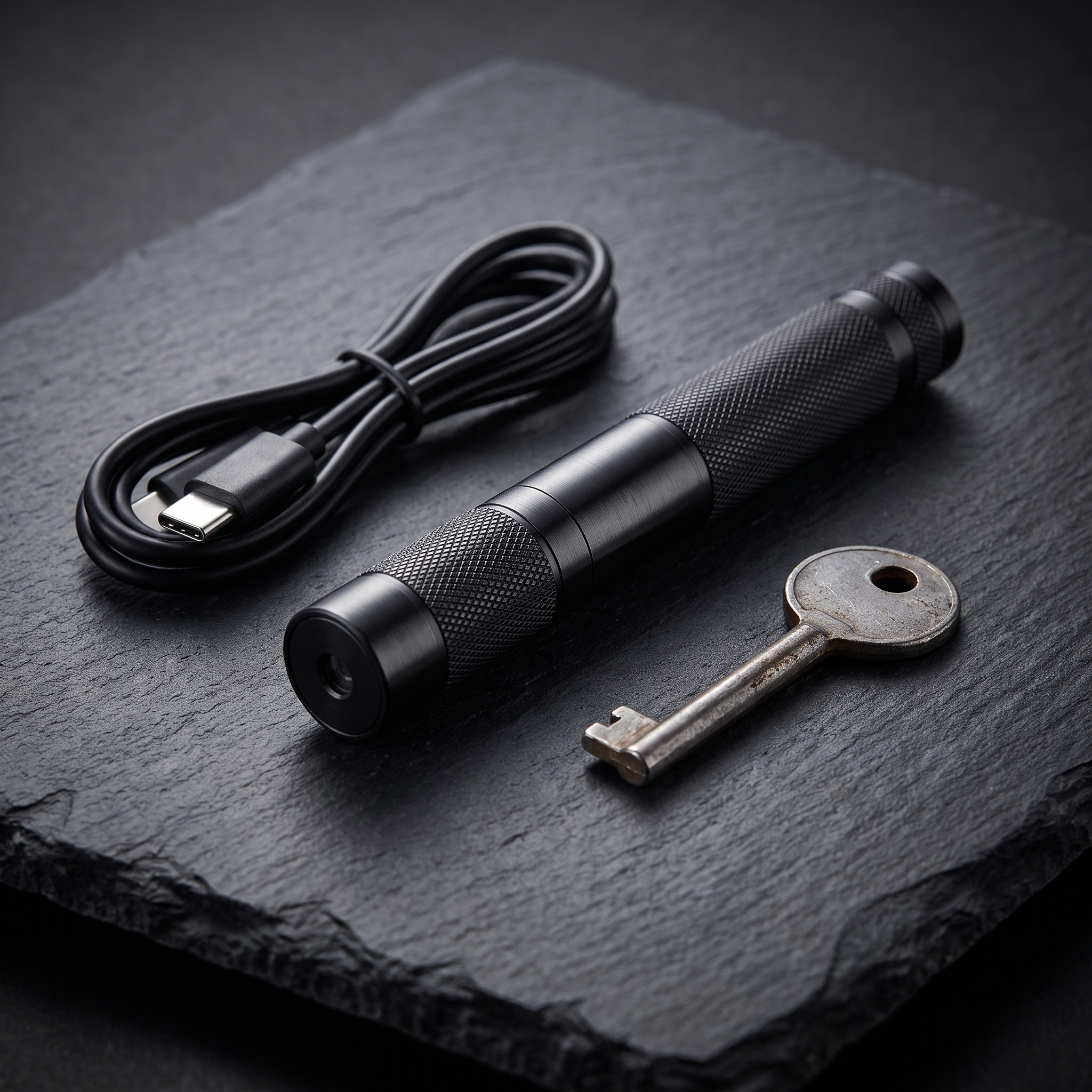 Laserpen met USB-kabel en veiligheidssleutel op een leisteen ondergrond