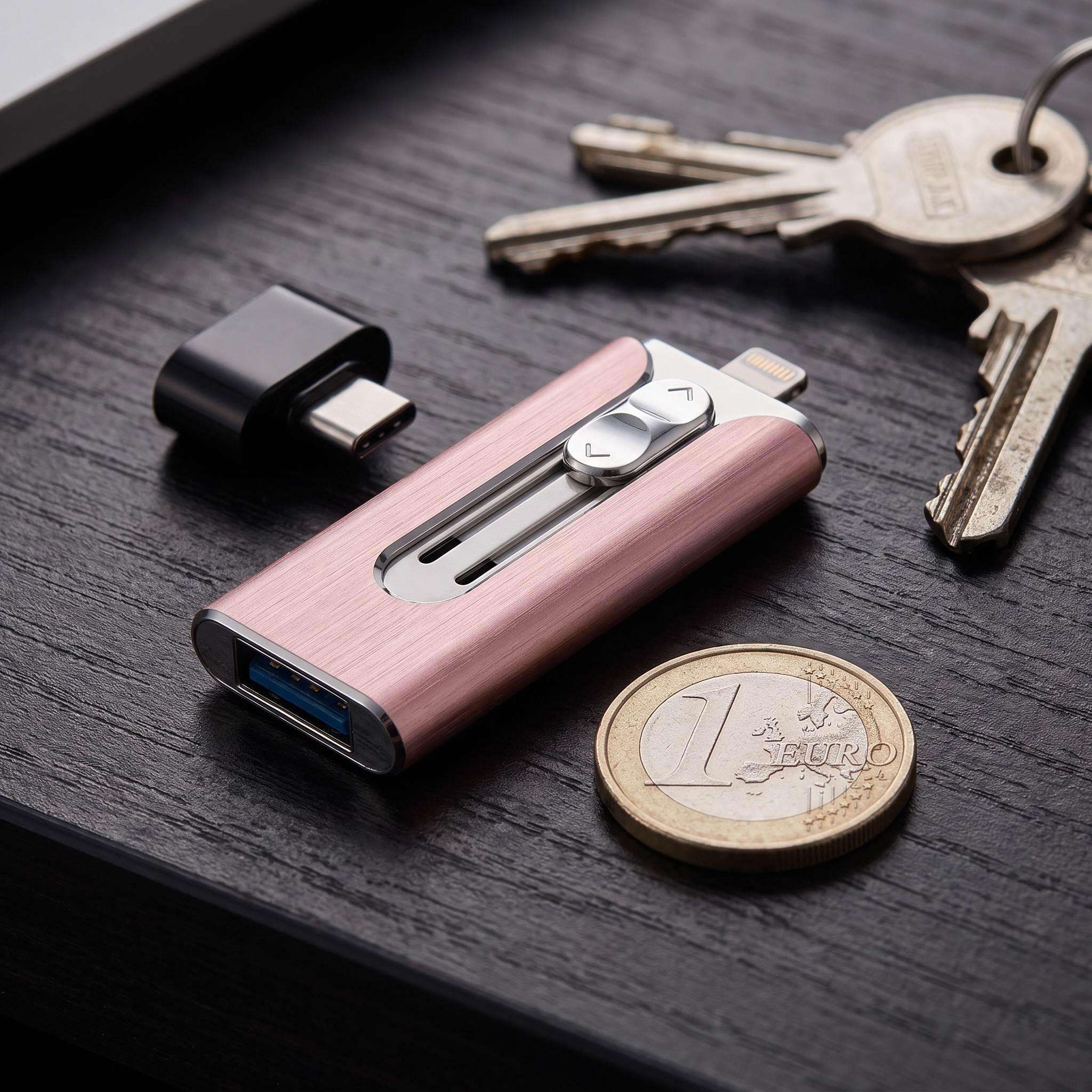Metalen USB stick naast een euromunt op een donker bureau