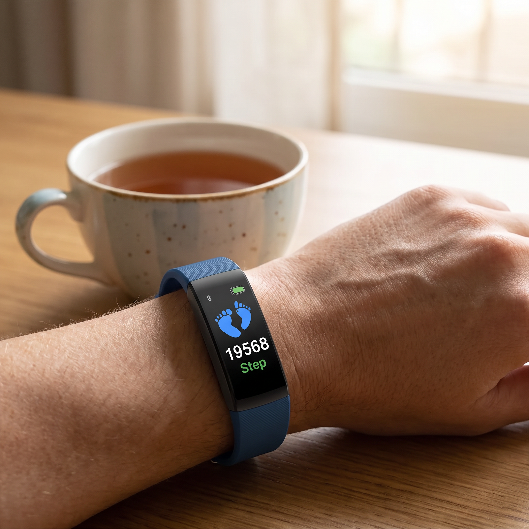 Slanke smartwatch aan de pols op een keukentafel