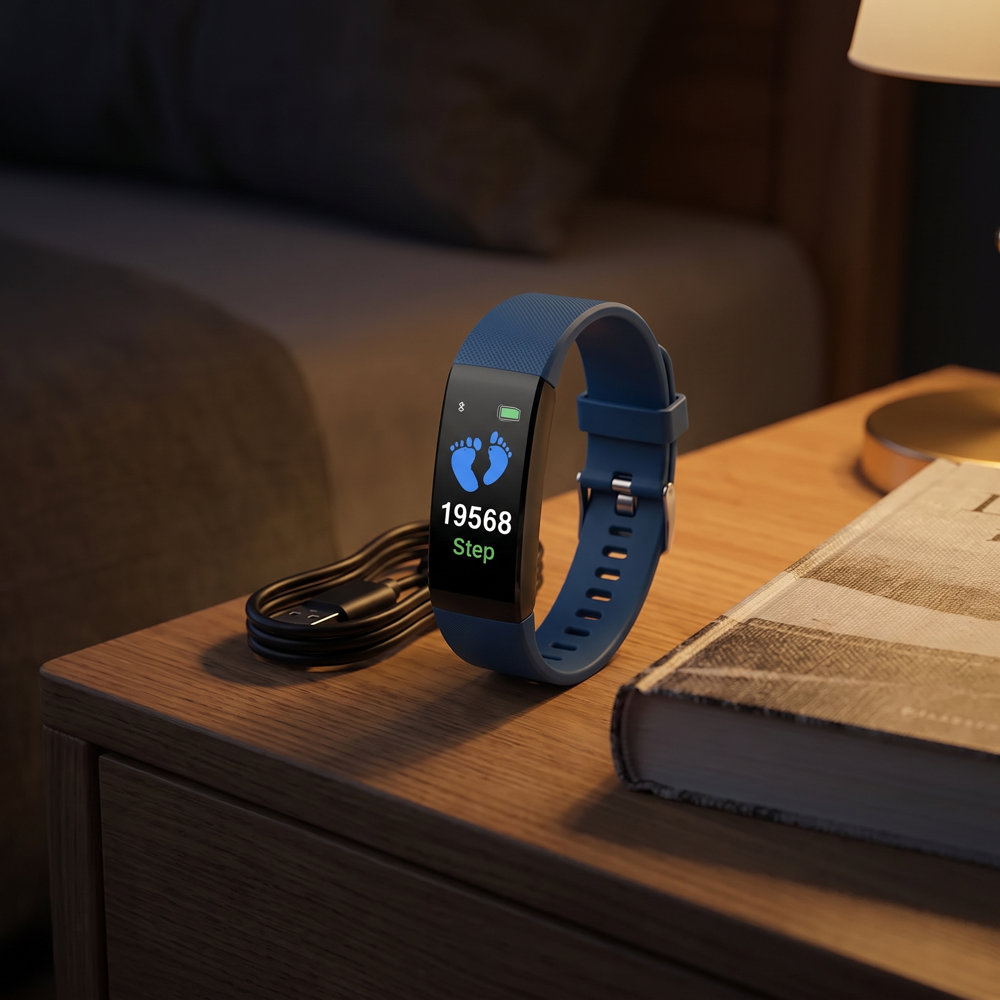 Smartwatch op een nachtkastje naast een boek en een lamp