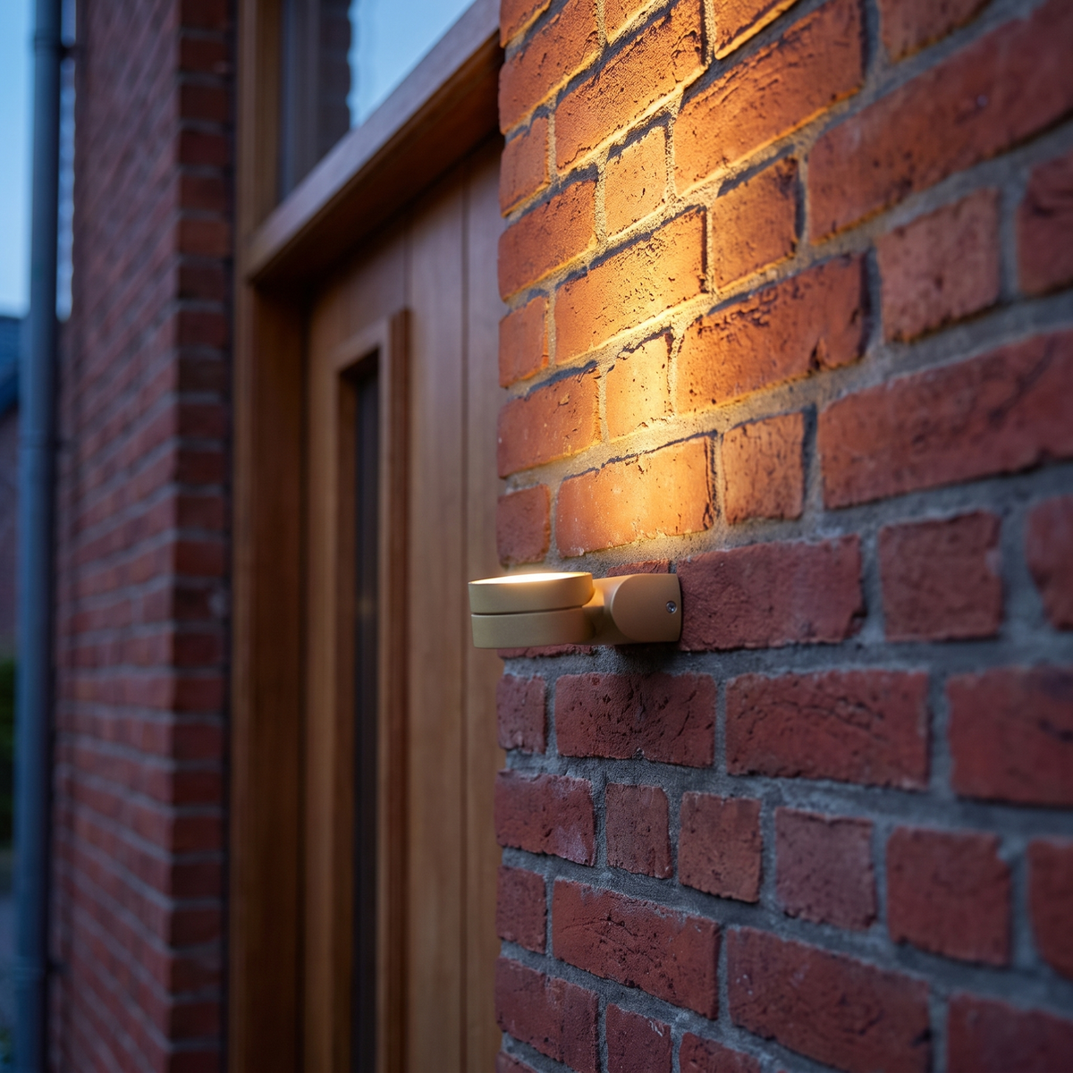 Gevelspot buiten waterdicht IP67 gemonteerd op bakstenen gevel naast voordeur