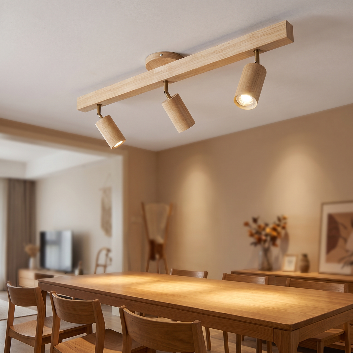 Houten plafondspot rail boven een eettafel