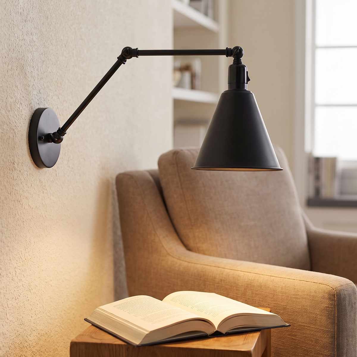Wandlamp met verstelbare arm boven een leesstoel