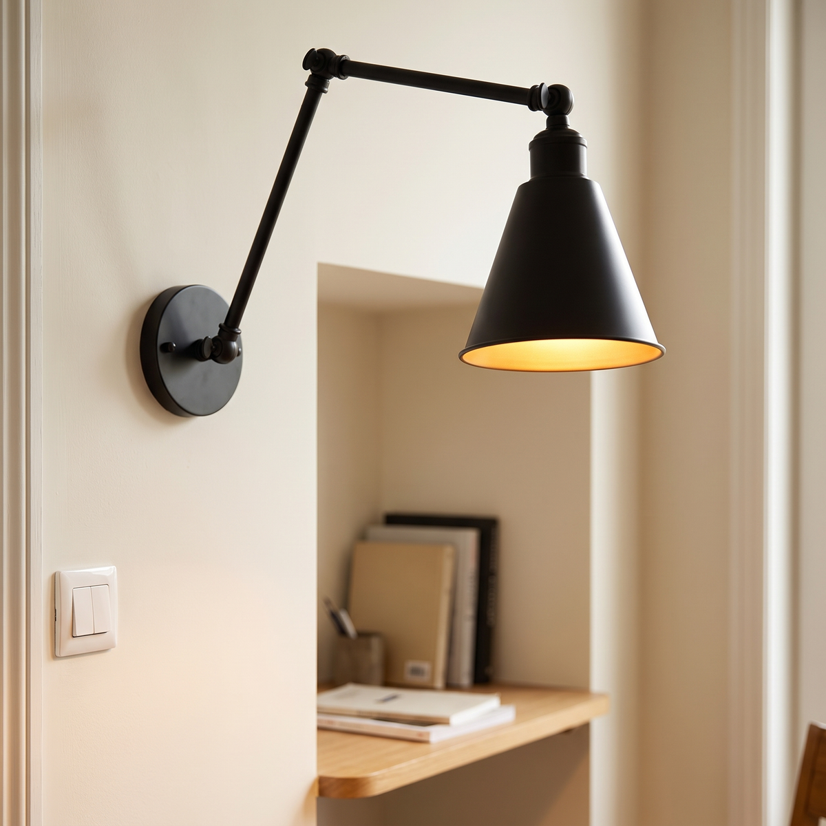 Zwarte wandlamp met uitgeklapte zwenkarm boven een werkhoek