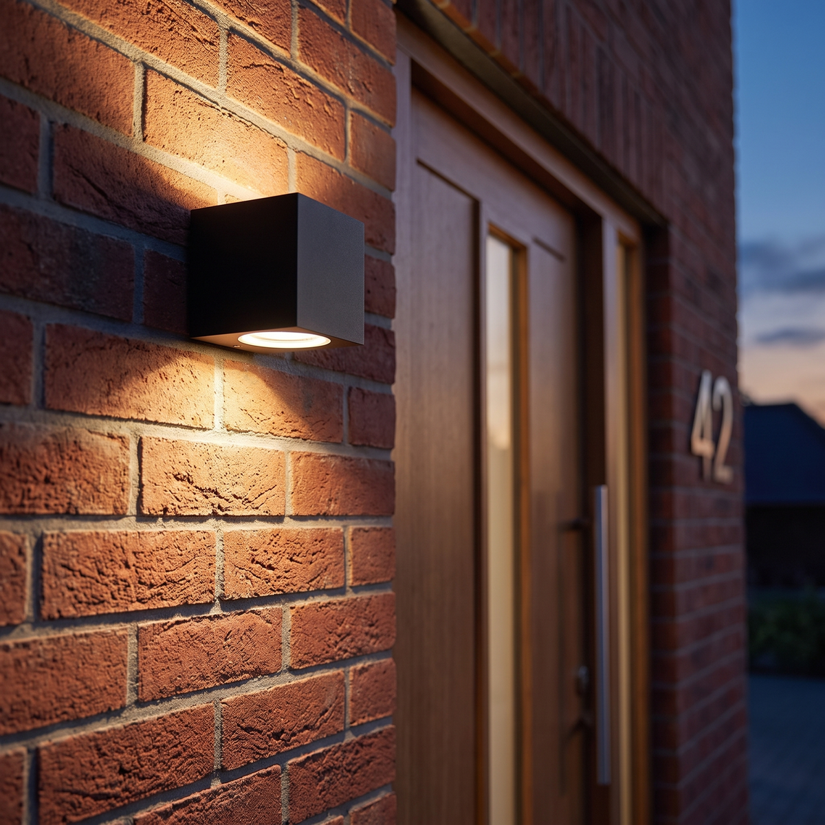 LED buitenlamp naast een moderne voordeur in de schemering