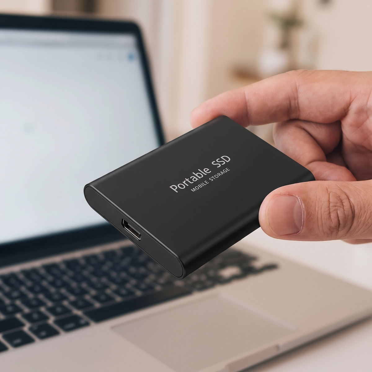 Draagbare SSD in de hand boven een laptop