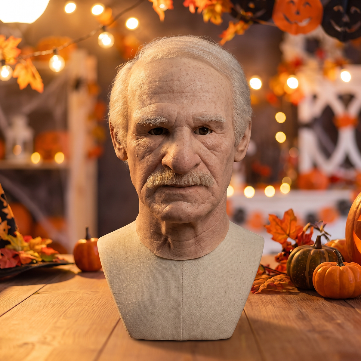 Latex hoofdmasker op een standaard in een Halloween-decor