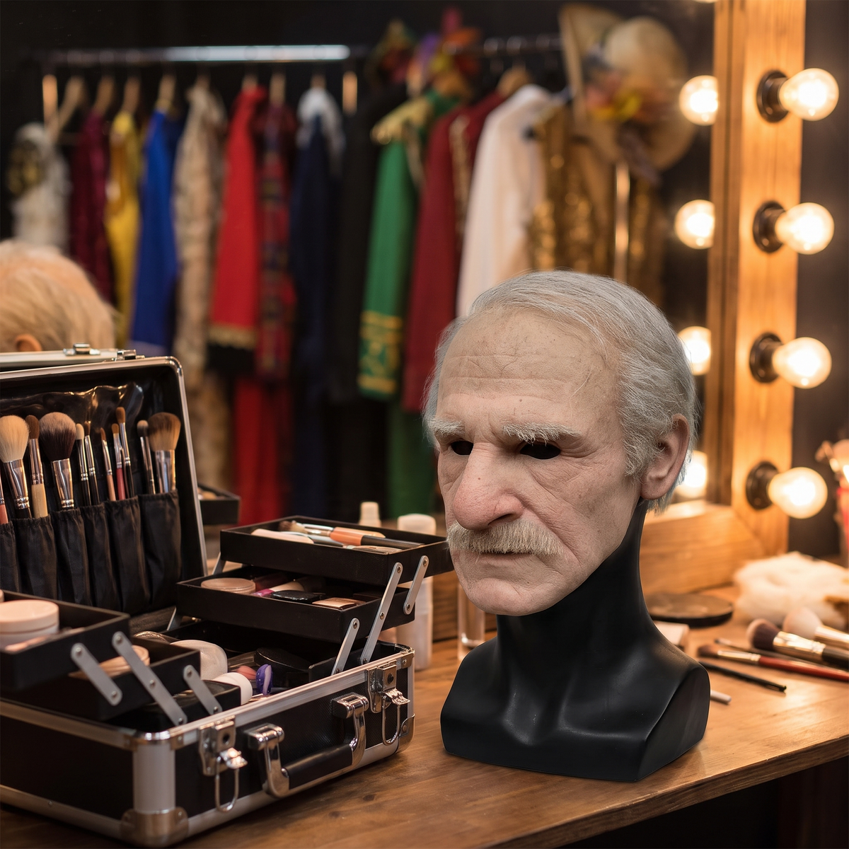 Latex hoofdmasker op een standaard in een theaterkleedkamer