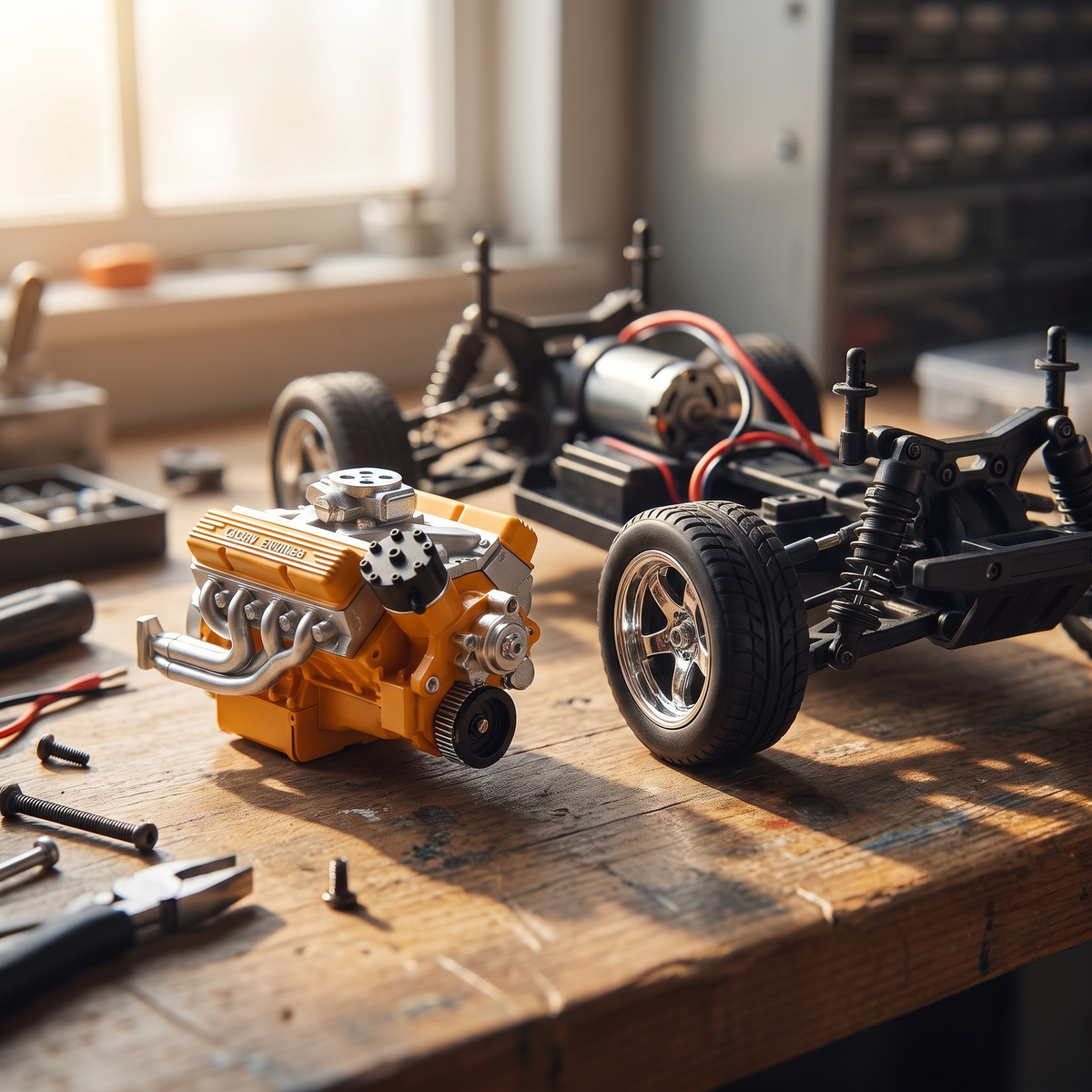 Miniatuur V8 benzinemotor naast een RC-chassis op een hobbywerkbank
