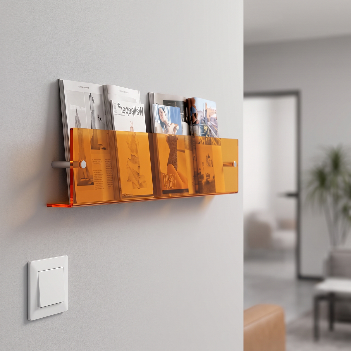 Transparante folderhouder aan de wand met A4-brochures in een wachtruimte
