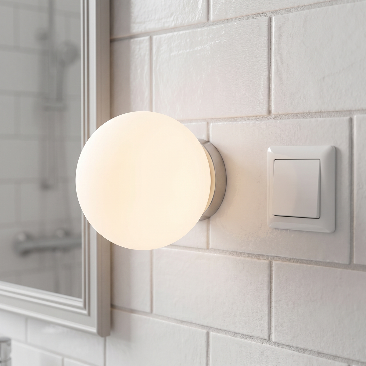 Ronde wandlamp met melkglas naast een badkamerspiegel