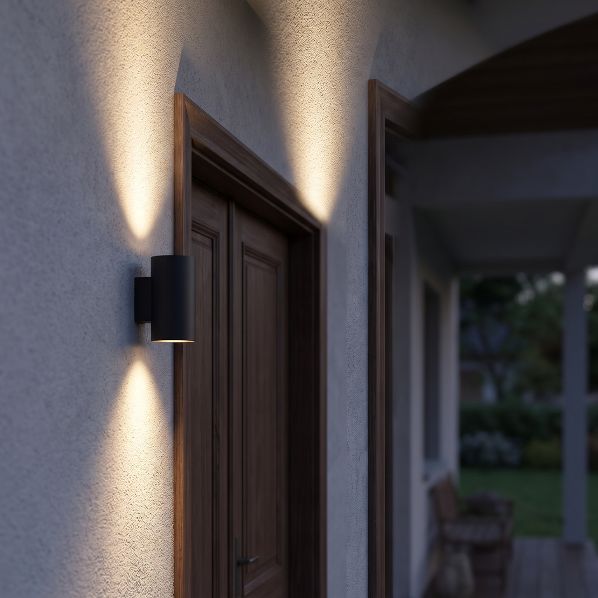Aluminium up down wandlamp op een gevel naast de voordeur in de schemering