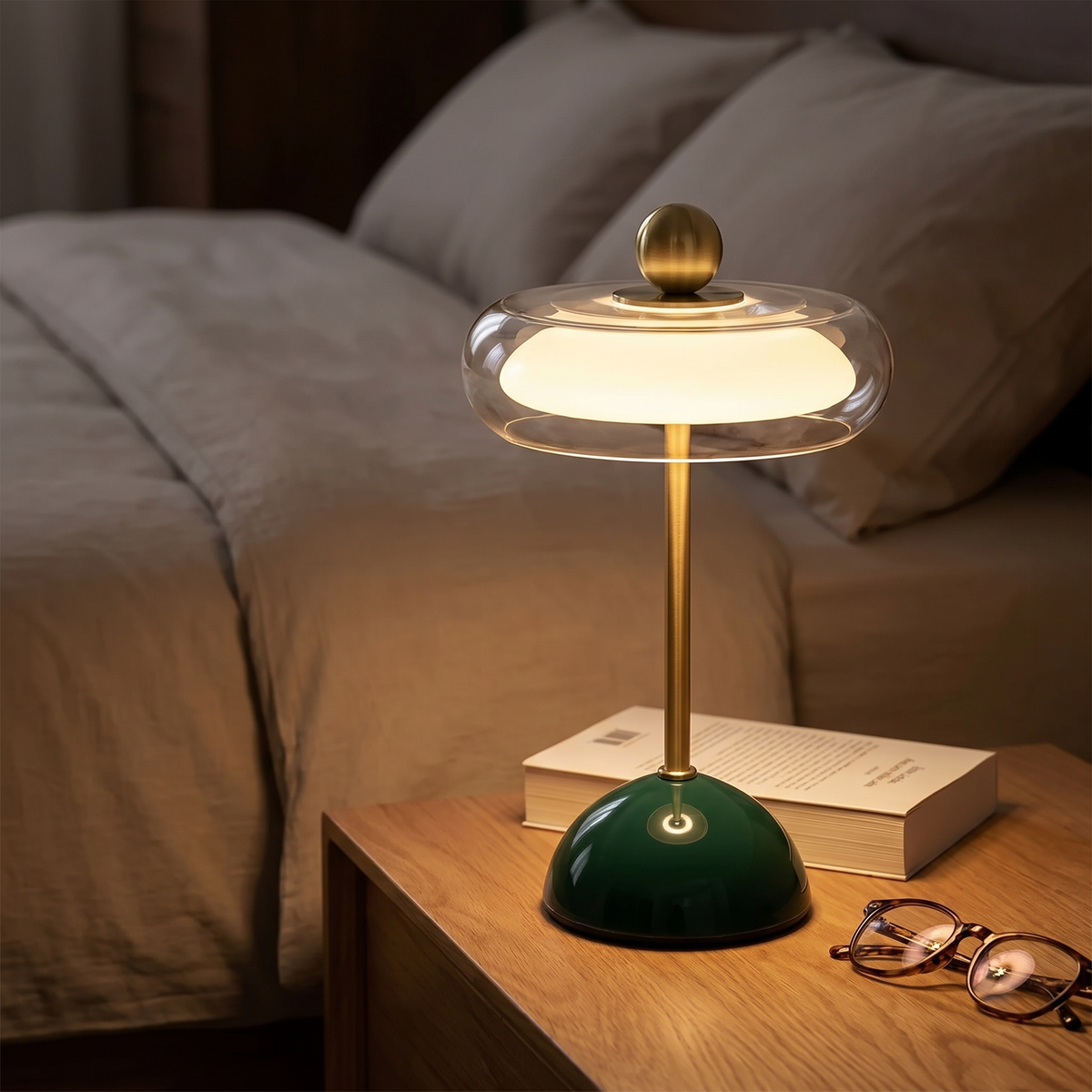 Oplaadbare glazen nachtlamp op een nachtkastje naast een bed