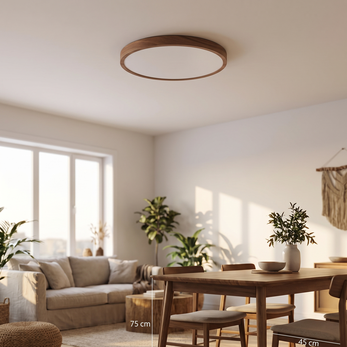 Plafondlamp met walnoot houtlook van 30 cm in een Scandinavische woonkamer