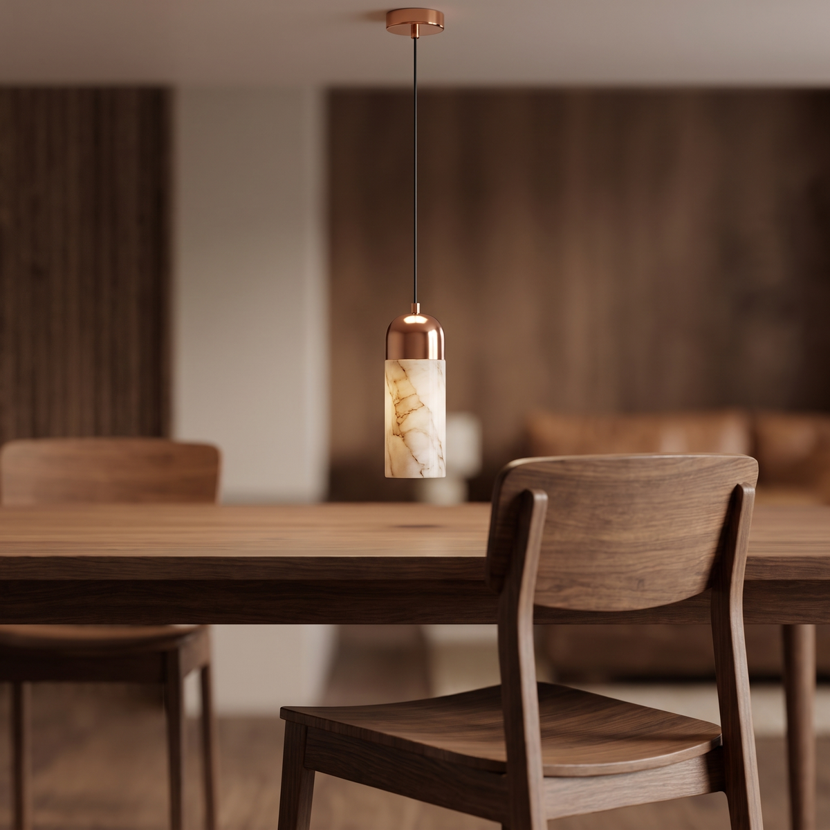 Marmeren hanglamp boven een eettafel