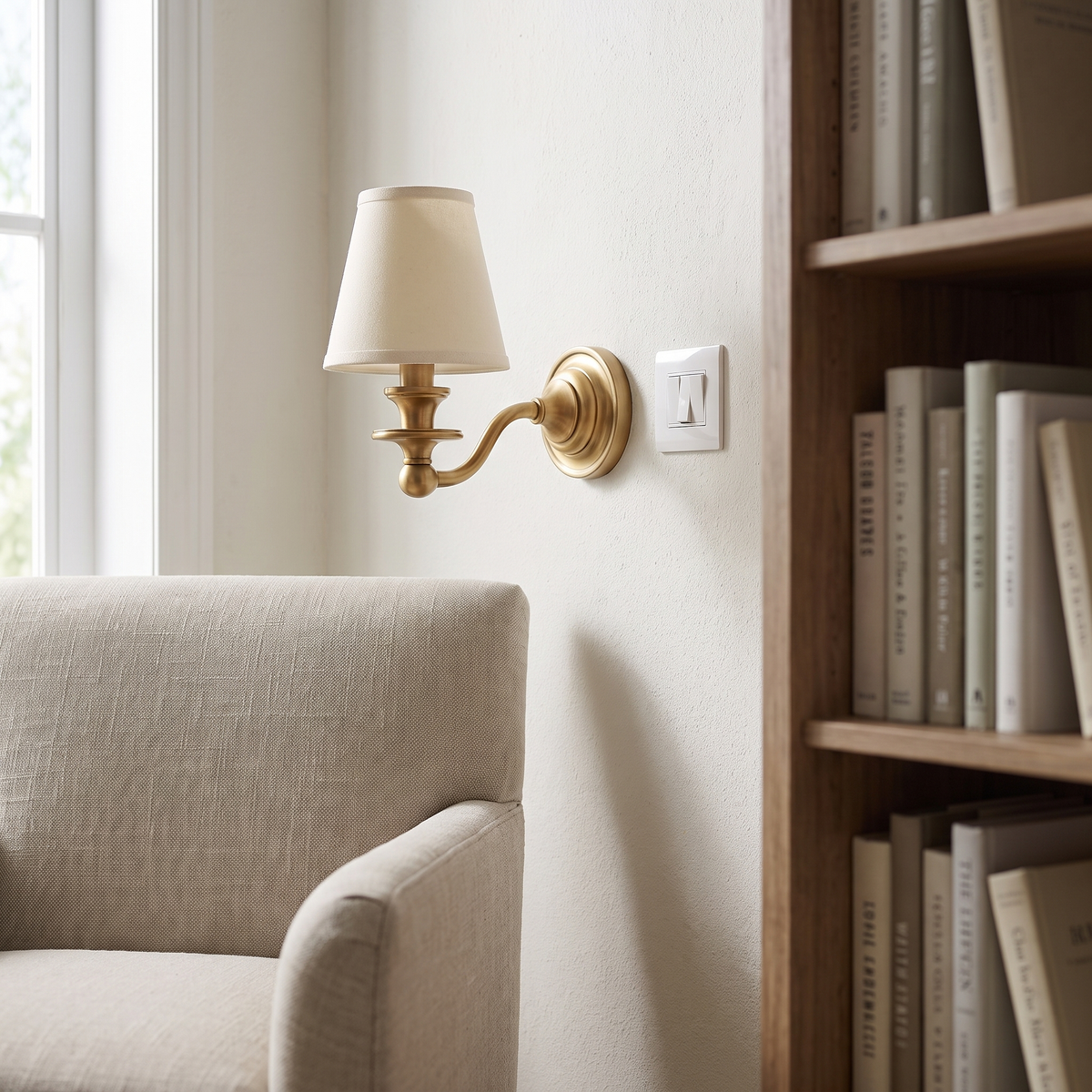 Wandlamp met verstelbare arm in een leeshoek