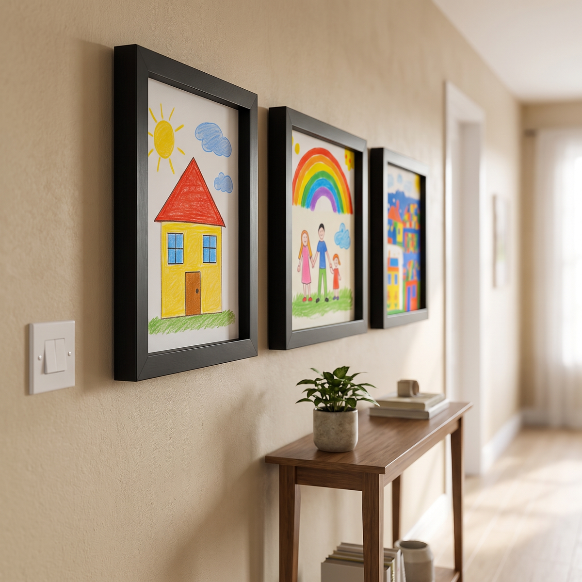 Drie klapbare A3 fotolijsten als galerijwand in de hal