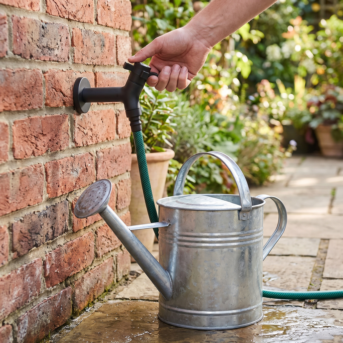 Buitenkraan met tuinslang en gieter in de tuin