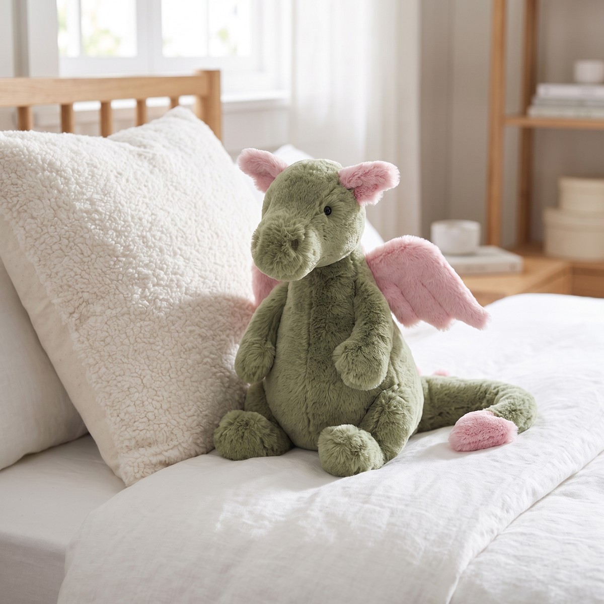 Drakenknuffel van pluche op een opgemaakt bed