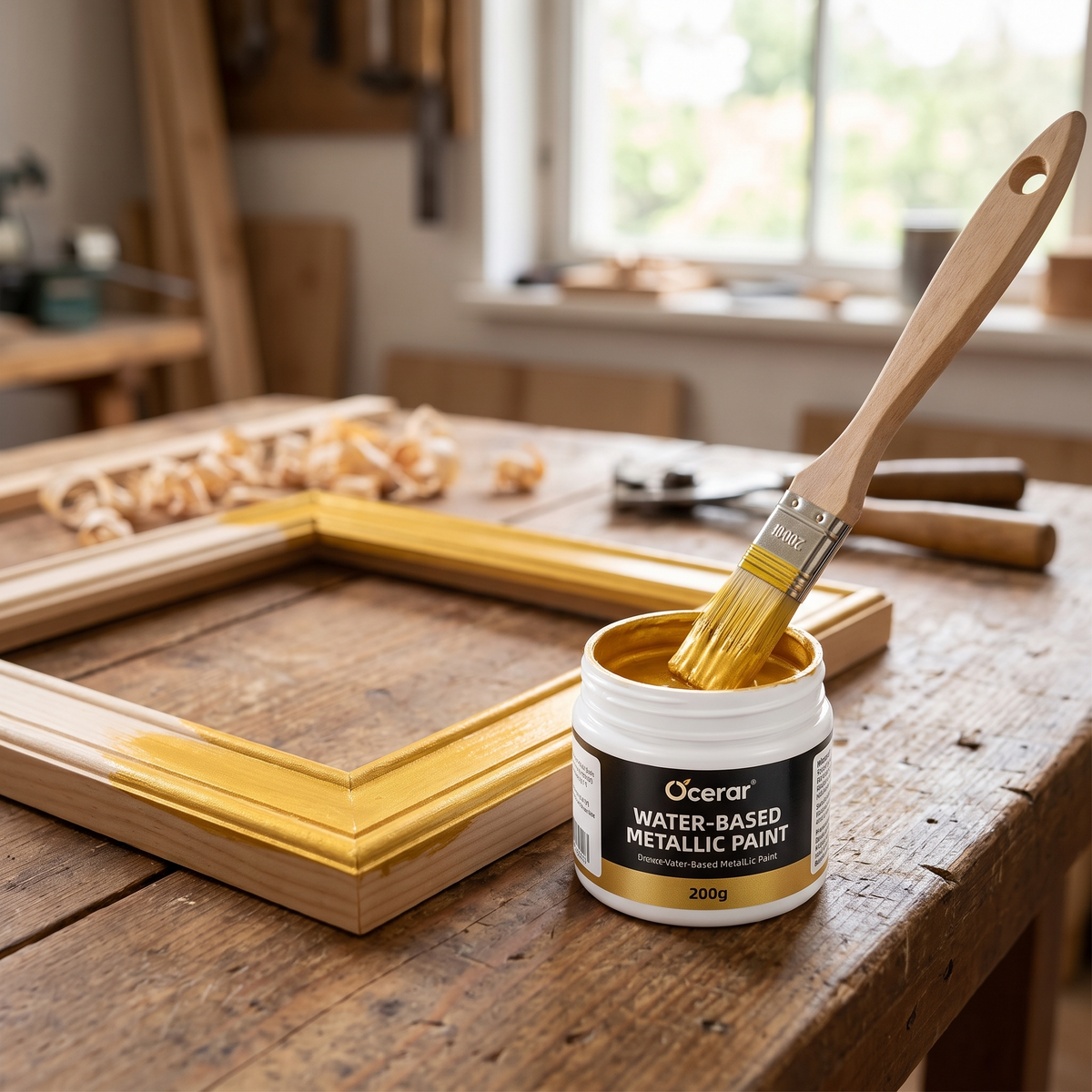 Metallic verf in goud op een houten lijst
