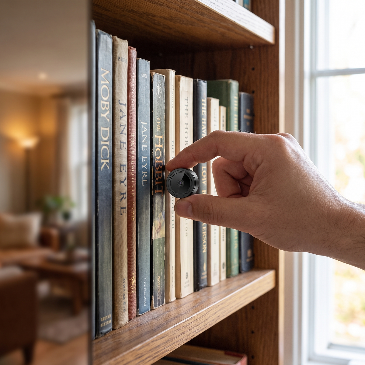 Mini beveiligingscamera tussen boeken op een boekenkast