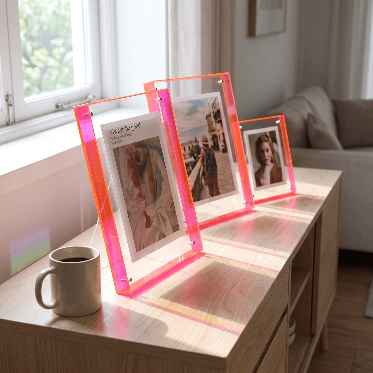 Drie transparante acryl fotolijsten in verschillende maten op een dressoir