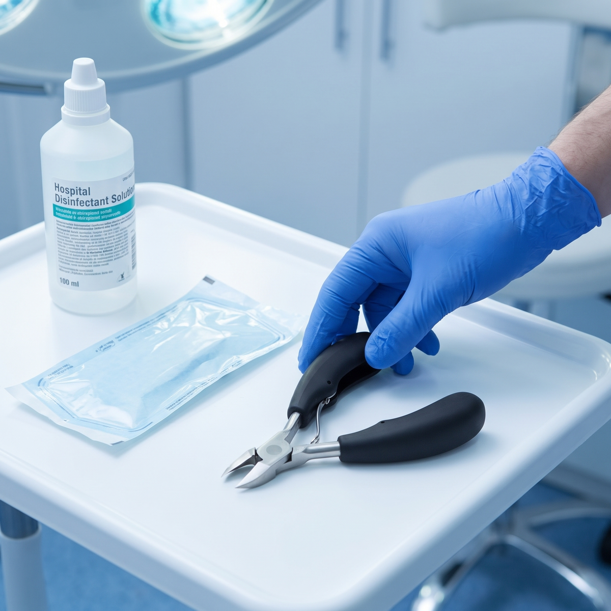RVS nagelschaar op een tray met desinfectiemiddel