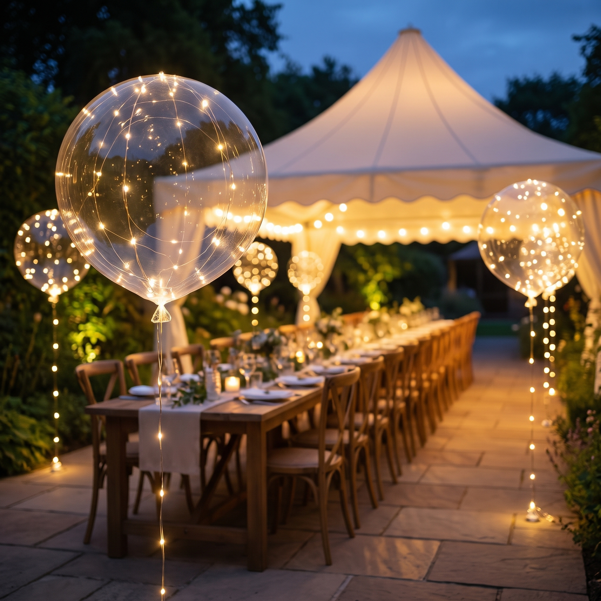 Lichtgevende ballonnen van 45 cm bij een bruiloft in de tuin