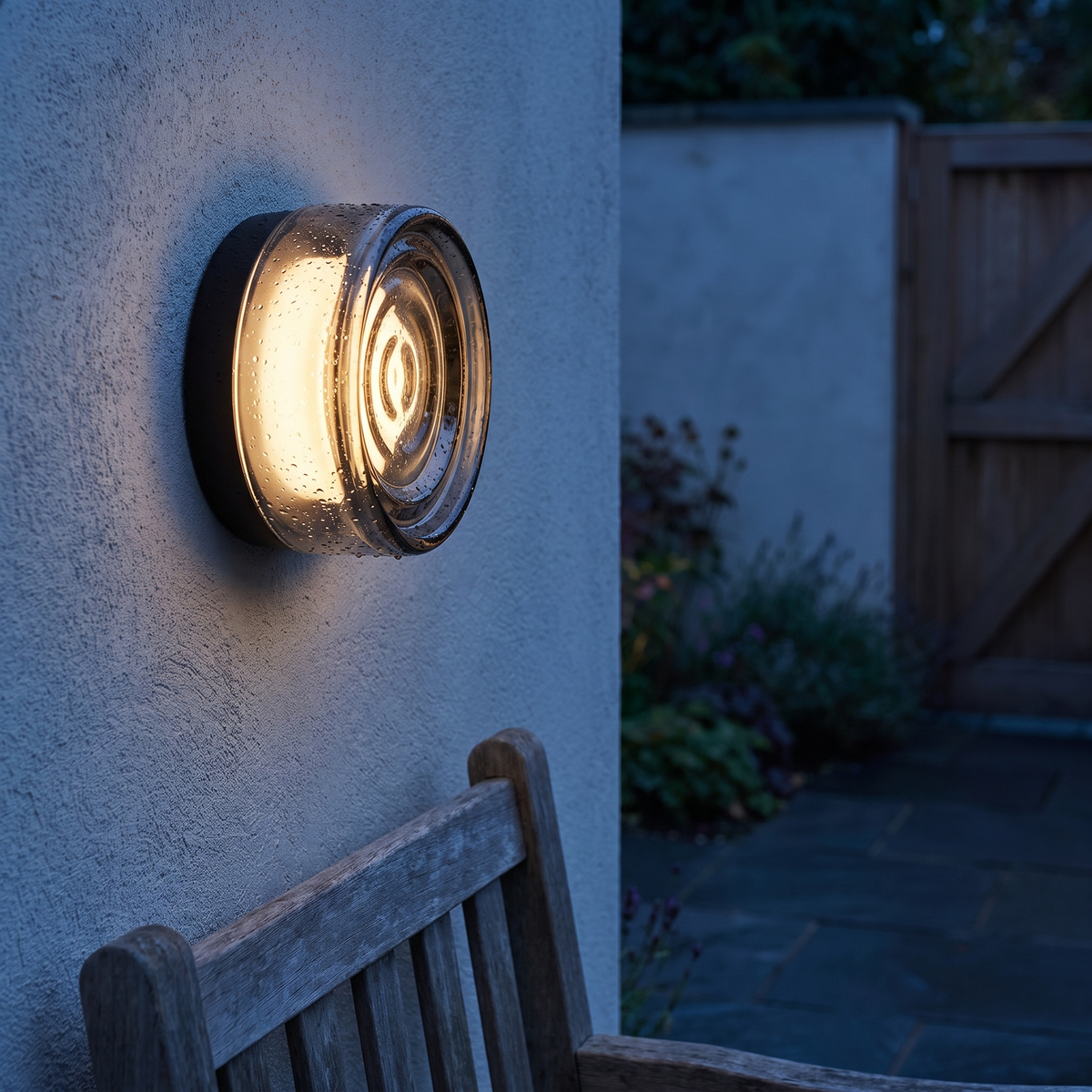 Wandlamp tuinmuur IP65 gehard glas boven een stenen terras