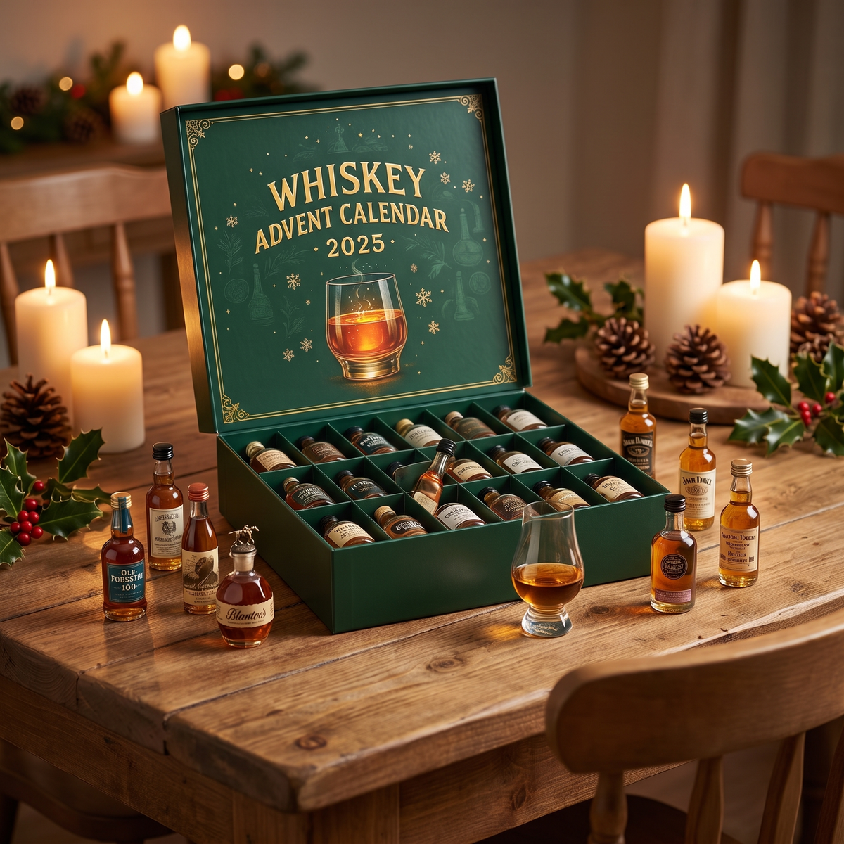 Bier adventskalender met 24 miniatuurflesjes op een gedekte tafel