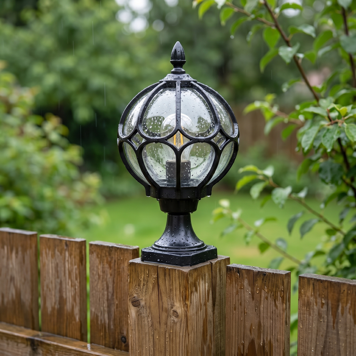 Waterdichte buitenlamp op houten hekpaal